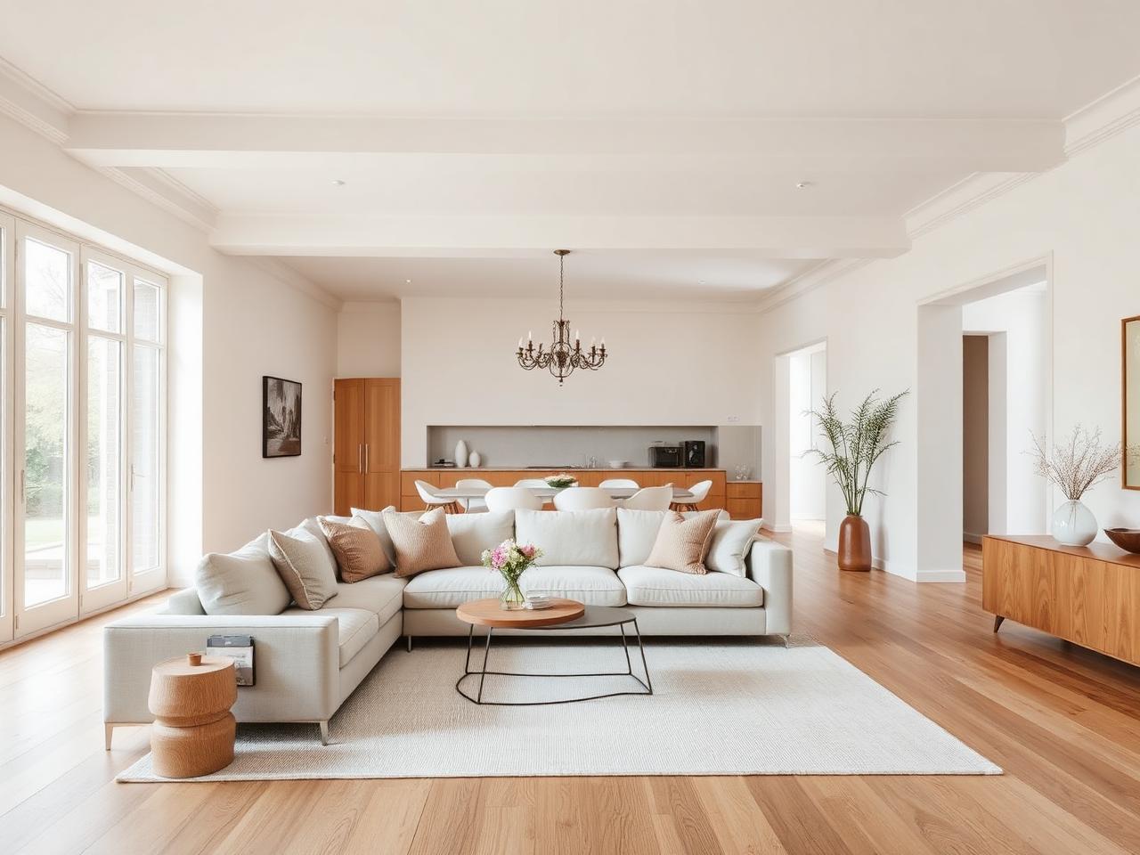 Sunlit open-plan living room with linen seating and oak floors