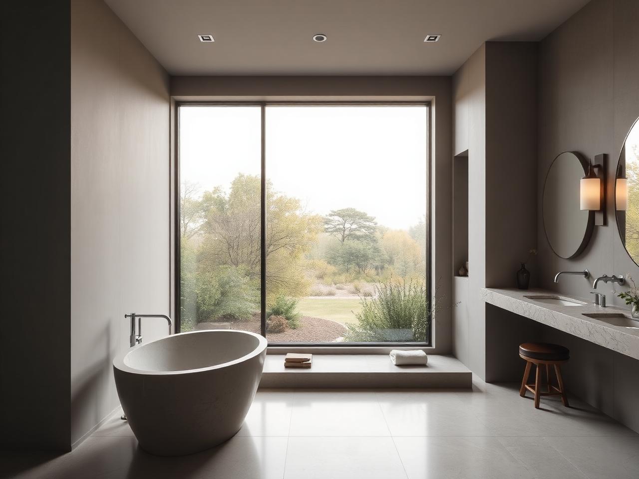 Stone bathtub set before a full-height window overlooking a garden